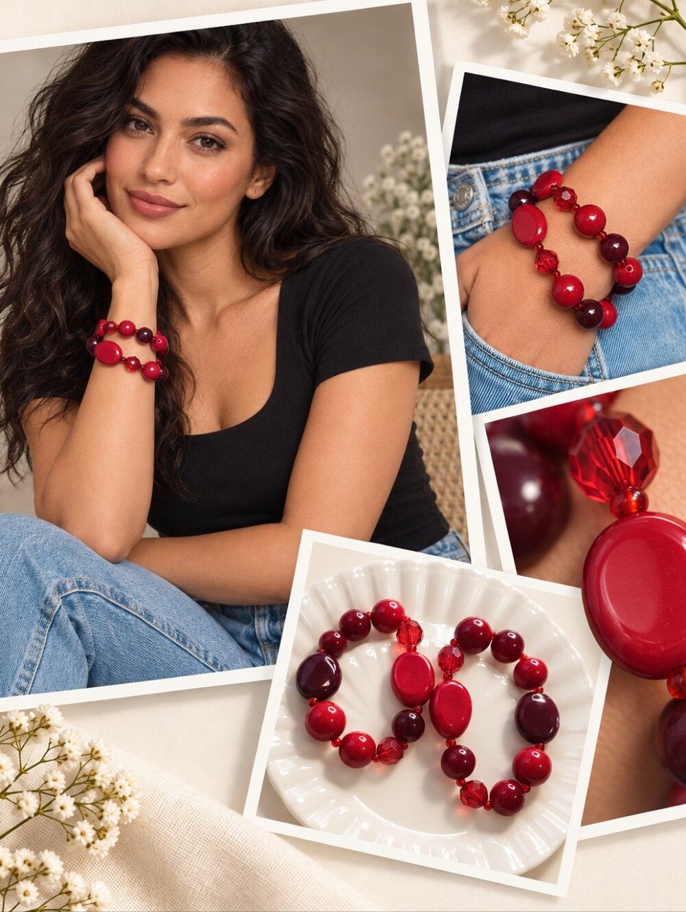 Red Beaded Stretch Bracelet - Women Jewelry